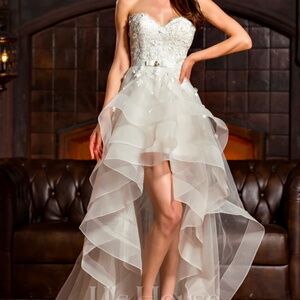 Strapless White High-Low Ruffled Bridal Dress